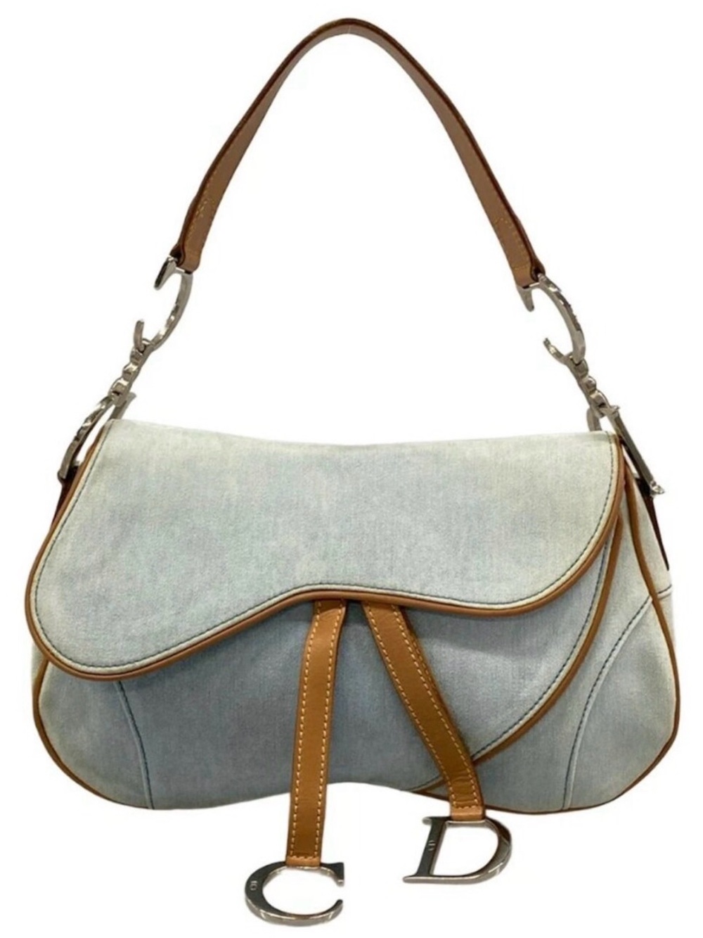 Auth DIOR Light Blue chambray denim double Saddle Bag Tan Trim vintage